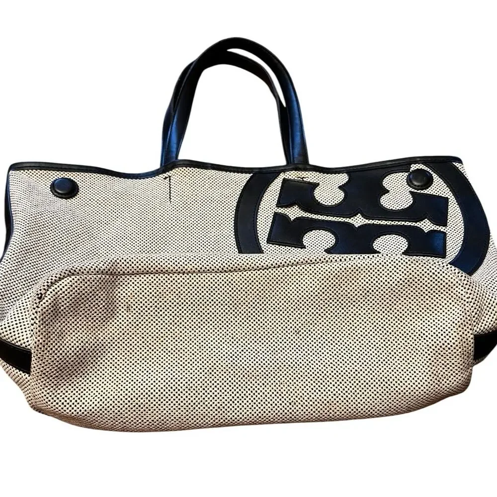 Tory Burch Lonnie Large Perforated Canvas Mesh Logo Tote Bag White Black